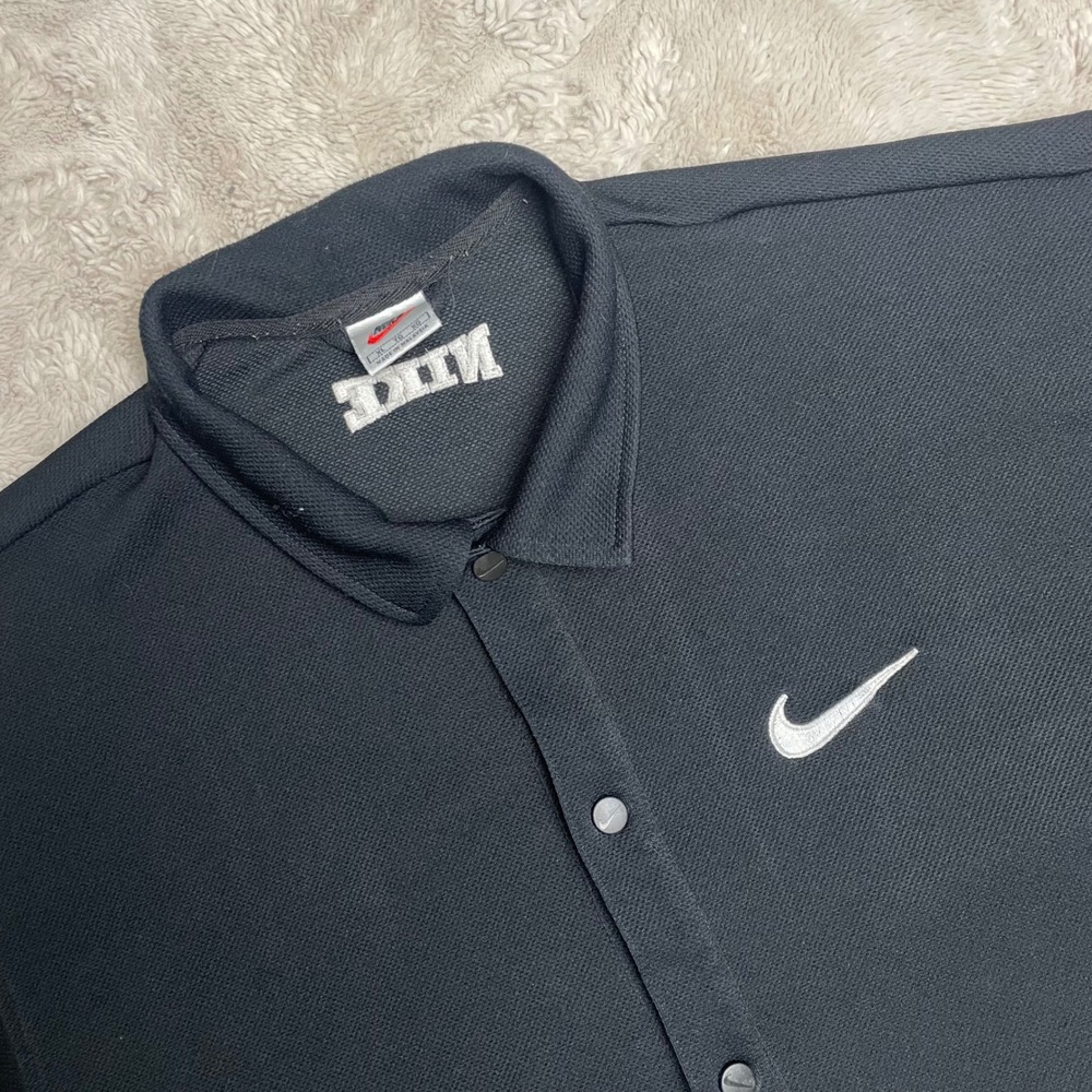 Nike Vintage Mens XL Black Snap Front Short Sleeve Shirt White Stripe Swoosh